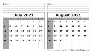 July August 2021 Calendar In 2020 2020 Calendar Template Calendar Template Calendar Printables