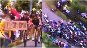 In case you haven't seen that tour de france 2021 crash video circulating online, a spectator and her cardboard sign took out dozens of cyclists in this year's race. Oy4o3lczacloim