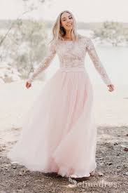 Blushing Pink Two Pieces Country Wedding Dresses Long Sleeve Lace Wedding Dress Sew054 In 2020 Long Sleeve Wedding Dress Lace Long Wedding Dresses Pink Tulle Skirt