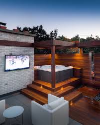 While an enclosed spa space is a great idea, it is not necessary to have a dedicated structure in order to enjoy an outdoor spa experience. Contemporary Outdoor Hot Tubs Novocom Top