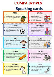 Comparatives Speaking Cards English Esl Worksheets English Grammar For Kids Learn English Speaking Activities English