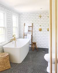 Black And White Hex Tile Bathroom Floor White Subway Tile Bathroom With Brass And Black Hex Tile Floor House Seven White Subway Tile Bathroom Penny Tiles Bathroom Bathroom Tile Designs