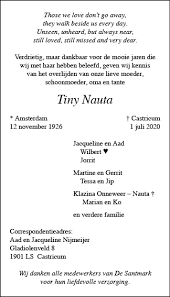 Overleden Tiny Nauta 12 11 1926 01 07 2020