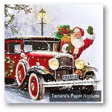 4 Decoupage Napkins Santa S Classic Car 13 Lunch Napkins Printed Paper Serviettes Decorative Paper Napk Christmas Paintings Christmas Art Christmas Scenes