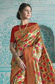 Latte Gold Red Multicolor Woven Paithani Saree Saree Red Gold Silk Sarees With Price