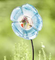 Hand blown glass flowers blue. Hand Blown Polish Glass Flower Garden Stake Blue Plowhearth