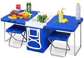Amazon Com Giantex Multi Function Rolling Cooler Picnic Camping Outdoor W Table 2 Chairs Blue Toys Games In 2020 Camping Table Picnic Table Cheap Picnic Tables