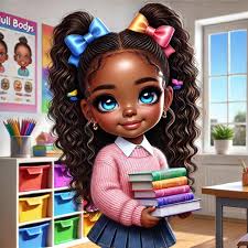 A happy chibi-style African-American schoolgirl sitting cross-legged