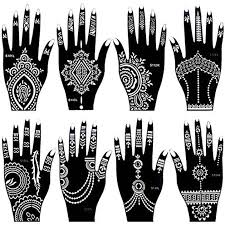 A red henna tattoo illustrated on the wrist, hand, and finger is depicted on left hand of one wearer. 8 Sheets India Henna Tattoo Stencil Set For Women Girls Hand Finger Body Paint Temporary Tattoo Templates 20 X 10 5cm Body Paint Aliexpress