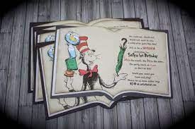 Vintage Dr Seuss Cat In The Hat Open Book Invitation Etsy Book Invitation Dr Seuss Birthday Party Seuss Party