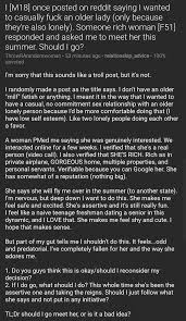 This significantly changes in a serious relationship. Relationships Txt On Twitter I M18 Once Posted On Reddit Saying I Wanted To Casually Fuck An Older Lady Only Because They Re Also Lonely Someone Rich Woman F51 Responded And Asked Me To