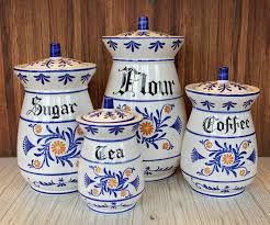A graceful sugar pitcher and creamer made by royal albert carries the eve sham apple blossoms pattern. Vintage Royal Sealy Heritage Ceramic Canister Set Of 4 Flour Etsy Ceramic Canister Set Canister Sets Flour Jar