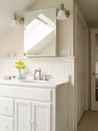 Bathrooms Sloped Ceiling Light Mocha Walls Beadboard Backsplash White Single Bathroom Vanity Brushed Nickel Sconces Faucet Kit Blue Vase Cot With Images Beadboard Bathroom