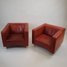 For Sale Set Of 2 Molinari Red Cognac Thick Leather Lounge Chairs 1990s Leather Lounge Leather Lounge Chair Leather Club Chairs