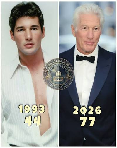Richard Gere tinha 44 anos nessa fase marcante dos anos 90… hoje, aos 77, continua sendo sinônimo de elegância e presença.