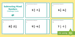 Add 3 or more fractions with like and unlike denominators: Subtracting Fractions Challenge Cards Math Resources