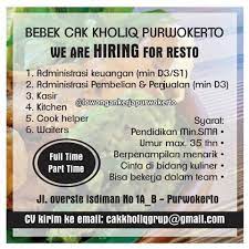 Informasi lowongan kerja dan loker purwokerto, cilacap, purbalingga, banjarnegara, kebumen, wonosobo, simak terus di karir purwokerto. Lowongan Kerja Purwokerto Lowongan Kerja Bebek Cak Kholiq Deadline Secepatnya Lokerpurwokerto Purwokerto Lowongankerja Loker Facebook