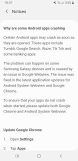 Google has now rolled out a permanent fix to the crashing issue, which handles the previous complaints by updating chrome and android system webview to version 89.4389.105. Solved Some Of My Apps Dont Work Page 2 Samsung Community