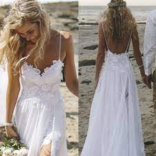Open back wedding dresses, types. Spaghetti Straps White Chiffon Front Slit Beach Wedding Dress With Lace Elegant Open Back Bridal Dress Lakshmigown Wedding Dresses Aliexpress