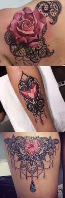Lace Tattoo Ideas For Women At Mybodiart Com Heart Diamond Chandelier Thigh Tatt Pink Rose Shoulder Tat Lace Tattoo Tattoos Trendy Tattoos
