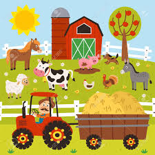 Farm animals barnyard digital clip art for scrapbooking card. Farmer Rides A Tractor And Farm Animals Stand In The Barnyard Royalty Free Cliparts Vectors And Stock Illustration Image 129006169