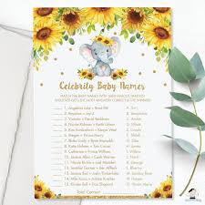Fun Celebrity Baby Names Game Instant Download Rustic Chic Floral Sunflower Elephant Baby Shower Game Activity Diy Pdf Printable Ep8 Baby Name Game Baby Prediction Elephant Baby Shower