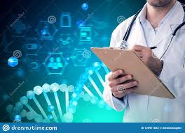 Blue Green Dna Helix And Man Doctor Writing Stock Photo