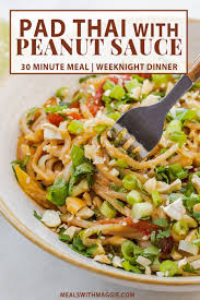 This Pad Thai With Peanut Sauce Is Made With Brown Rice Noodles Bean Sprouts Pepper And Scallions For An Added Cr In 2020 Pad Thai Pad Thai Peanut Sauce Peanut Sauce