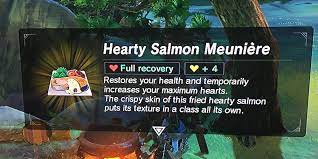 Please keep posts botw related only. Salmon Meuniere Recipe Legend Of Zelda Effects Can Change Depending On What Ingredients You Use To Cook Something But Here Is A List Of The Possible Effects For Salmon Meuniere