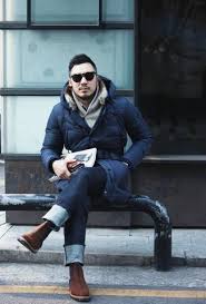 So whether you need a pair of chocolate brown boots to wear with a smart suit, or want to jazz up your casual outfits with some red or aubergine coloured boots, you are sure to. How To Wear A Jacket 2497 Looks Blue Outfit Men Parka Outfit Men Parka Outfit
