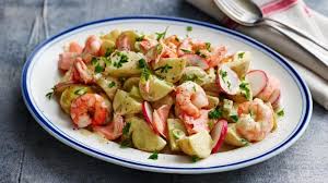 Creamy Potato Salad With Salmon And Prawns Recipe Recipe Creamy Potato Salad Potato Salad Mary Berry Potato Salad
