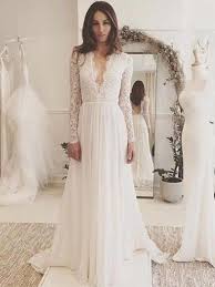 A Line Deep V Neck Full Long Sleeves Open Back Long Lace Chiffon Wedding Dresses Vestido De Noiva Com Decote V Vestidos Longos Casamento Lacos De Casamento