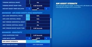 Go to advanced look sensitivity and change look horizontal speed, look vertical speed and turning vertical boost to 65% and click apply. How To Turn Off Aim Assist In Fortnite Business