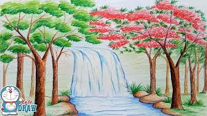 How To Draw Scenery Of Stream Waterfall Step By Step Youtube Waterfall Drawing Drawing Scenery Landscape Drawings