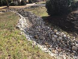 Rock Ditch Water Run Off Solution Stone Lined Stream Backyard Landscaping Plans Backyard Water Feature Landscape Design