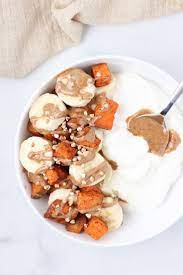 Cinnamon Sweet Potato Yogurt Bowl A Super Easy Healthy And Filling Breakfast Recipe Great To Meal Pr Filling Breakfast Recipes Sweet Potato Cinnamon Food