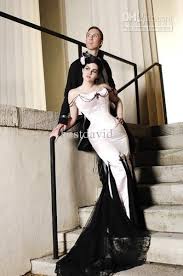 Black And White Mermaid Wedding Dresses Cheap Black And White Gothic Mermaid Wedding Dresses 2016 Strapless Beaded Satin Floor Length Lace Corset Court Train Bridal Gowns Dresses For Wedding Guests We Halloween Wedding Dresses Gothic Wedding Dress