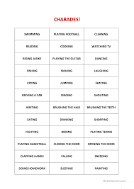 Charades English Esl Worksheets Charades For Kids Charades Drama Activities A single person would act out each syllable of a word or phrase in order, followed by the whole phrase together, while the rest of the group guessed. charades english esl worksheets