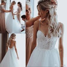 2019 Summer Holiday Beach Wedding Dresses Modest Lace Sweetheart Sweep Train Wedding Dresses With Straps Spaghetti Strap Wedding Dress Short Lace Wedding Dress