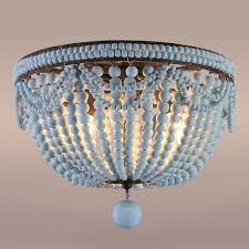 Regina andrew frosted crystal bead semi flush mount; Retro Farmhouse Distressed Blue Wood Bead Cascade 3 Light Dome Shaped Flush Mount Ceiling Light In