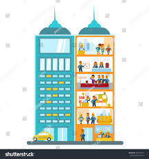 Modern Office Building In Cartoon Flat Style Interior And Exterior Office Inside And Outside Vector Office Building Stock Images Free Building Illustration