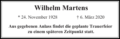 Traueranzeigen von Wilhelm Martens
