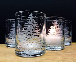 Amazon Com Fir Tree And Floating Flakes Votive Holder Set Of Four Engraved Glass Candle Holders Winter Decor Holiday Home Candles Handmade