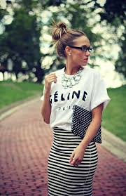 Black And White Striped Pencil Skirt Outfit Celine T Shirt And Striped Skirt Fashion Everyday Outfits Stripe Skirt