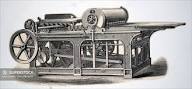 Engraving depicting a cylinder printing press, powered by a steam engine  via a belt drive. Dated 19th century - SuperStock