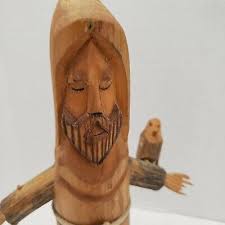 Pete OrtegA Folk Art Wood Wooden Sculpture Carved Monk holding Bird Signed 