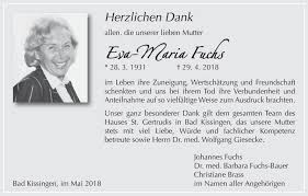 Herkunft und bedeutung der familienname fuchs gehört zur gruppe. Eva Maria Fuchs Traueranzeige Trauer Infranken De