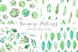 Dense foliage, beach pebbles, light reflecting on water… 4 Watercolor Greenery Patterns In Illustrations On Yellow Images Creative Store