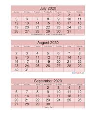 Printable Calendar July August September 2020 3 Months Per Page Free Printable 2020 Calendar Tem Printable Calendar July Calendar Template Printable Calendar