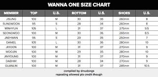 Clothing Size Chart For Each Of The Members Wannaone